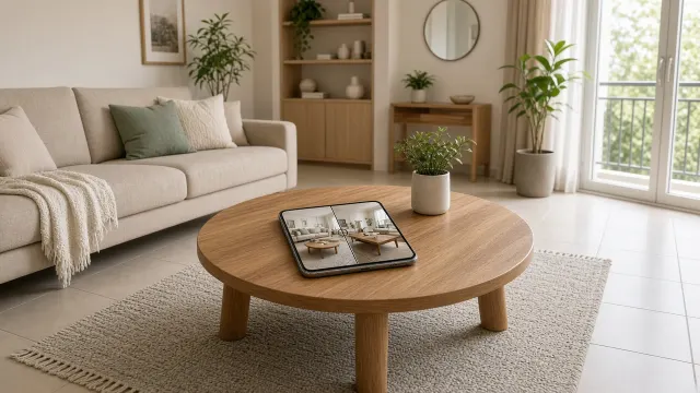 Phòng khách chung cư với bàn trà gỗ tròn dưới sofa và điện thoại hiển thị phối cảnh AI so bàn tròn với bàn chữ nhật