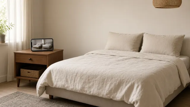 Phòng ngủ chung cư với giường linen và điện thoại hiển thị phối cảnh AI so giường thấp với giường bọc nệm cao hơn
