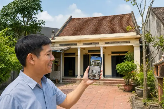 Nhà cấp 4 ở nông thôn Việt Nam, chủ nhà cầm điện thoại xem phối cảnh cải tạo mặt tiền và phòng khách sáng do AI tạo
