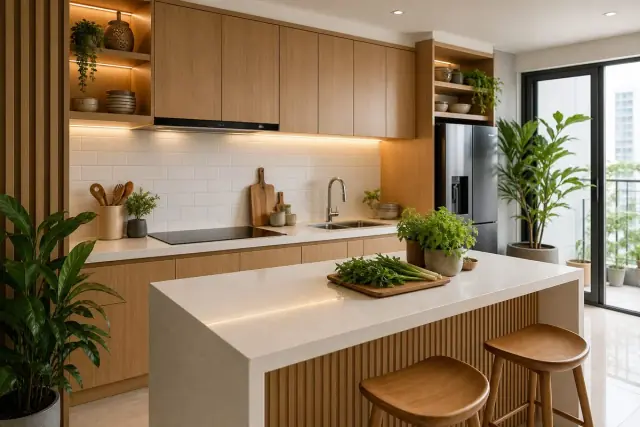 Căn bếp chung cư hiện đại với tủ gỗ sáng màu, mặt đá trắng, đảo bếp nhỏ và đèn hắt ấm áp