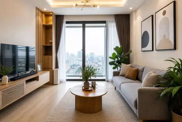 Phối cảnh phòng khách hiện đại do AI tạo với sofa xám, gỗ tự nhiên và ánh sáng ấm