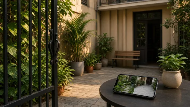 Sân trước nhà phố với cổng sắt, chậu cây và điện thoại hiển thị phối cảnh AI so sân xanh với sân lát tối giản