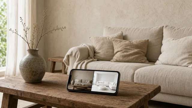 Phòng khách Wabi-Sabi với bàn gỗ mộc, bình gốm thô và điện thoại hiển thị phối cảnh AI so không gian mộc với phòng trắng bóng
