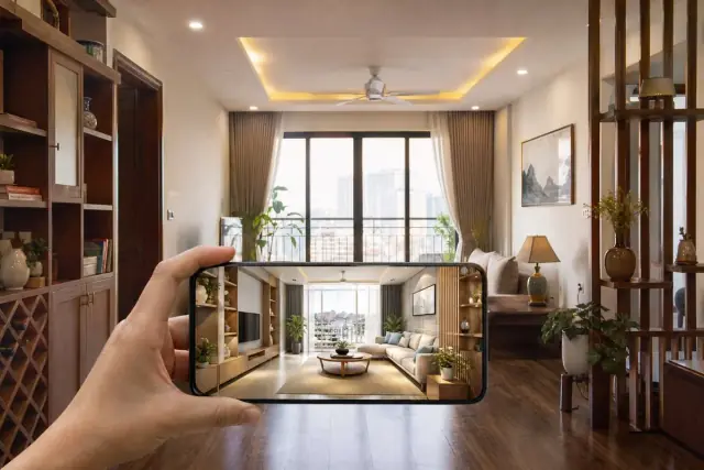 Phòng khách căn hộ sáng và cân bằng với cây xanh, ánh sáng tự nhiên và điện thoại hiển thị phối cảnh do AI tạo theo hướng phong thủy
