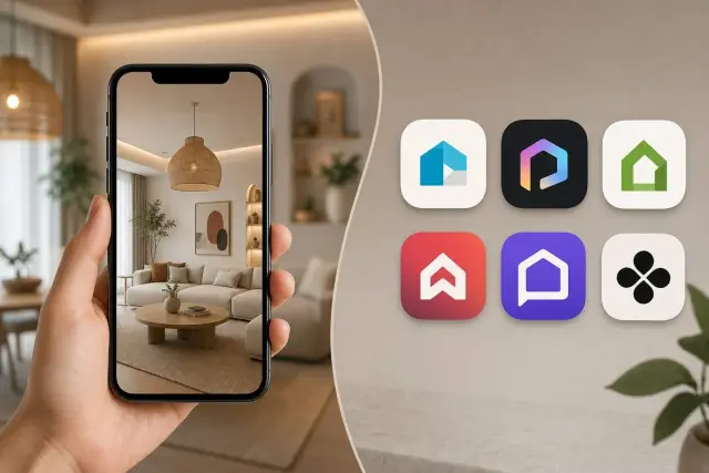 Điện thoại hiển thị phối cảnh phòng khách do AI thiết kế, bên cạnh là các biểu tượng ứng dụng trang trí nhà