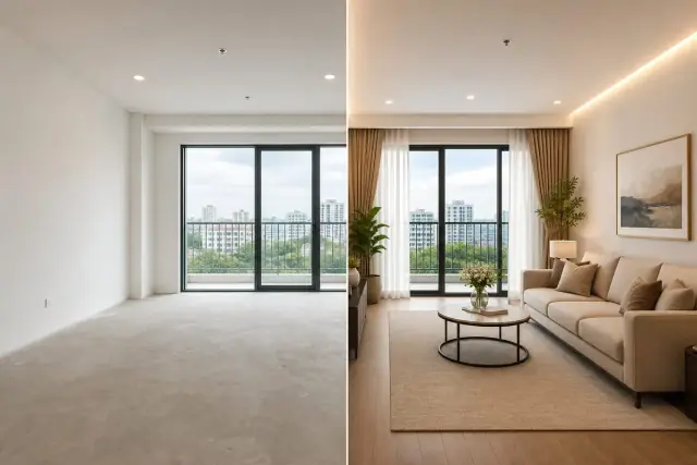 So sánh cùng một phòng khách căn hộ: bên trái trống trơn, bên phải đã được dựng nội thất ảo với sofa, thảm và cây xanh